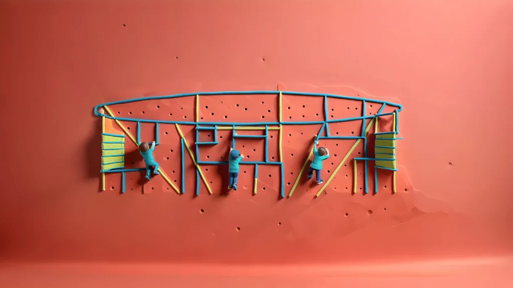 Fondo color rojo con figuras de plastilina de diferentes colores mostrando ejercicios y rutinas de calistenia.