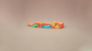 Fondo gris con figuras de plastilina de personas practicando Boulder en una estructura de varios colores.