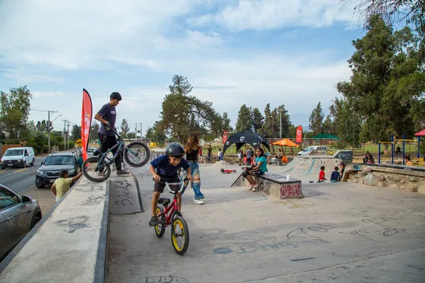 Fotografía de niños en bicicleta y con casco de protección utilizando las rampas de skates parks al aire libre.